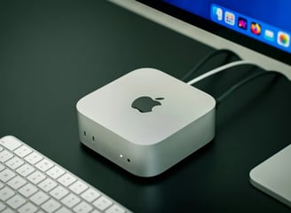 Apple Mac Mini blanca sobre una mesa con monitor y teclado
