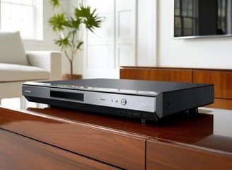 Reproductor Blu-Ray sobre una mesa de madera y una sala en el fondo