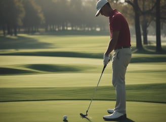 A golf ball is positioned on a manicured green, with a flagstick lying on the grass in the background. The scene is surrounded by tall palm and other trees, with a slightly cloudy sky visible.