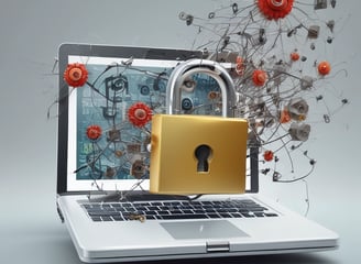 A wall display in a public service area with digital service sections. It features a large image of a smiling woman with glasses in the center, surrounded by digital screens and icons representing different electronic services. There are two orange kiosks with touch screens for self-service on the right side.