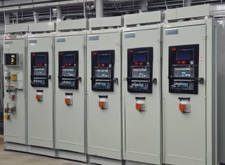 Industrial control panels with various buttons, switches, and display screens are placed in a well-lit environment. The setup suggests a technical or engineering setting with panels housing electronic or communication equipment.