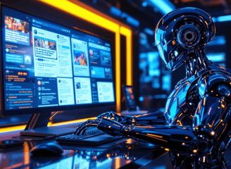 a robot with a computer monitor and a keyboard