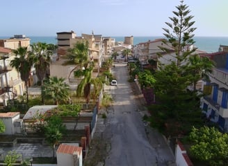 Front drone view , from the coliving for digital nomdas Co.bay Torre di Gaffe, Agrigento, Sicily, Italy