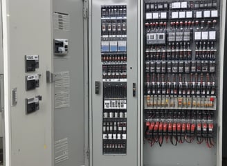 An electrical control panel is mounted on a textured gray wall. The panel consists of two units: one is a smaller beige box with a window displaying internal components, and a warning sign with Chinese characters and a lightning bolt symbol. The other box is larger, white, and features an illustration of a cartoon character wearing a helmet and armor, riding a skateboard in a dynamic pose.