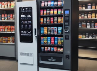 A vending machine with a glass front displaying various packaged snack items. The machine has labels in multiple languages including Japanese and Indonesian. It features a keypad for input and a currency slot for transactions, with instructions available on bright orange panels.
