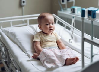 A healthcare professional, dressed in white and wearing gloves, examines a newborn baby while the mother holds the baby on a sofa. A young girl is also present, sitting next to the mother and baby, observing attentively. There is a decorated Christmas tree in the background, indicating a festive atmosphere.