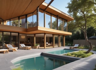 A rustic house with timber framing is nestled among tall, dense trees in a lush forest. The structure's brown and beige colors are complemented by vibrant green foliage, creating a sense of harmony between architecture and nature.