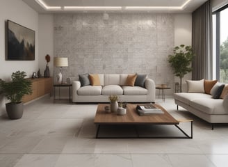 A tiled wall featuring a series of rectangular panels in varying shades of blue, situated in what appears to be an indoor setting. The tiles are clean and sleek, with overhead lighting reflecting off the surface, creating a geometric and modern appearance. The floor in front is tiled in light gray with dark trim along the edge.