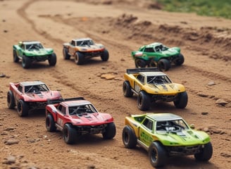 A child’s hand is placed on top of a black remote-controlled toy car with large, rugged tires and green and white decals. The car has a robust, off-road design, and is positioned on a smooth, light-colored surface.