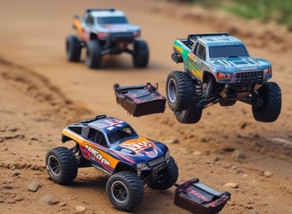 A miniature toy car designed as an off-road vehicle, featuring a bright yellow body with large, rugged black tires. The car displays a detailed front grille and window frames, with the words 'OFF ROAD' printed on the side. It is positioned against a dark background, emphasizing its vibrant color.