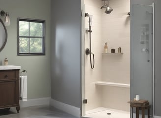 A modern bathroom with marble walls and a sleek, black showerhead. The shower area features built-in niches for toiletries. Outside the shower, there is a circular mirror, a wooden vanity with a white countertop, and a red towel hanging nearby. A wooden bath brush is seen hanging inside the shower enclosure.