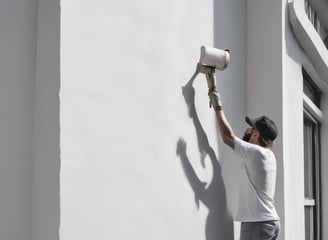A person wearing protective clothing is painting the exterior of a building while crouched on a narrow ledge. Next to the person is a satellite dish attached to the wall. Several windows are open above the person, providing some ventilation.