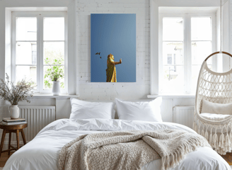 Bright bedroom with rattan chair and framed fine art photo, By ACAT Photos.