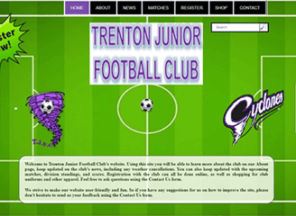 A ficticious home page for a football club named Trenton Junior Football Club