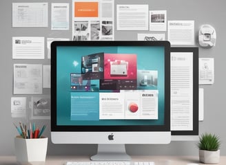 A laptop computer with a website displayed on the screen featuring the text 'Exceptional Web Application design & development'. The laptop is on a dark surface, and the website has a clean and modern design with a light background and colorful text elements.