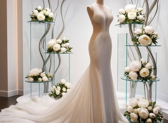 a wedding dress with a dress form in a display case