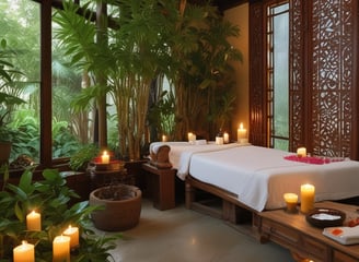 A serene spa setting with three beauty product tubes displayed prominently on a small round table. In the background, a person relaxing in a bathtub with a towel wrapped around their head and sunglasses.