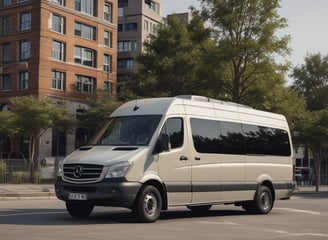 A white minibus on a city street with several passengers visible through the windows. The background includes a few parked cars and a building with a modern facade.