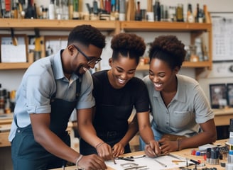 Two people are engaged in a collaborative workshop setting. They are smiling and appear to be working on a project with various tools and equipment on the table. The walls feature an organized display of tools.