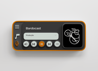 Player de podcast com logo branco de produtora musical com homem barbudo segurando violão