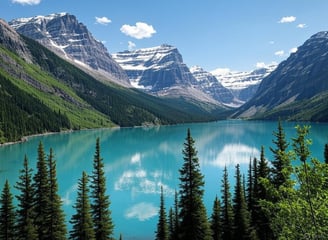 Paysage estival des Rocheuses canadiennes : montagnes enneigées, lac turquoise scintillant