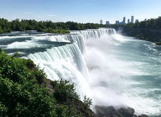 Chutes Niagara et skyline de Toronto en été, vignes verdoyantes, eau turquoise, ciel bleu éclatant,