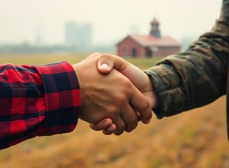 Handshake: Handshake between a person in a red flannel shirt and a soldier.
