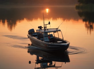 A small fishing boat navigates through vibrant, teal waters, creating ripples as it moves. The boat is filled with fishing gear and a few people, with its bright colors contrasting against the sea.