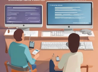 Two children are focused on working together at a laptop, with one pointing at the screen displaying a colorful, cartoon-like program. The setting suggests a classroom with various supplies and a bulletin board visible in the background.