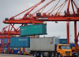 A cargo container lifting mechanism is hoisting a blue shipping container with 'CMA CGM' written on it. The area is surrounded by stacks of colorful shipping containers in various sizes. In the background, there is a harbor with cranes and wind turbines visible, along with some industrial buildings.