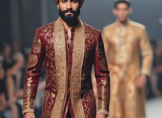 A traditional Indian men's outfit is displayed on a mannequin in an outdoor setting. The attire consists of a cream-colored sherwani with intricate designs, accompanied by a maroon and gold embroidered turban and scarf. The background features trees and a blurred natural landscape.