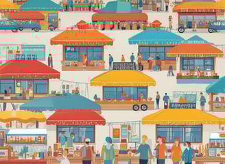 A busy outdoor market scene with people interacting and engaging in trade. Individuals are gathered around carts filled with fresh produce, such as leafy greens and melons. Some people are standing while others are seated on structures around the area, giving a sense of casual social interaction.
