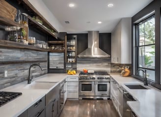 A modern bathroom features large, smooth tiles on the walls and floors, a sleek white countertop with built-in sink and storage cabinets, and a large illuminated mirror. Recessed ceiling lights provide ample illumination, and a walk-in shower with a glass partition is situated at the far end. A window allows natural light to enter, enhancing the minimalist aesthetic.