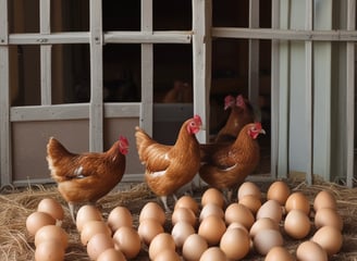 a group of chickens in hay with fresh eggs