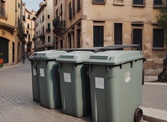 Three recycling bins of different colors stand side by side on a cobblestone street. The bins are labeled with the text 'Porto' and are designated for different types of waste: green for general waste, blue for paper, and yellow for plastics and metals. In the background, there is a vehicle and a building covered with scaffolding.