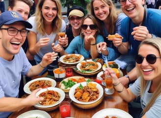 An outdoor food market is bustling with people walking around and others sitting at tables enjoying meals. The scene includes vibrant food stalls, colorful lighting, and greenery hanging from above. The environment looks lively and social, with a mix of retro and modern decor.