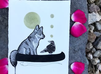 a coyote and raven sitting in a canoe together