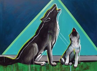 a painting of a momma wolf and pup singing together