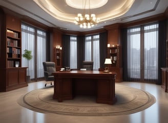 A modern, dimly lit interior with a sleek design dominated by large, criss-crossing ceiling lights. The reception area features a desk with red flowers and several people behind it. Large windows on the side let in some natural light, and the atmosphere is professional.