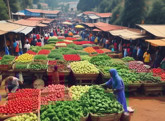 A market stall with colorful sacks of produce, particularly onions and potatoes, stacked high with a person sitting behind the counter. Crates and a variety of goods are scattered around the area, and there are signs with Hindi text hanging above. The setting appears to be a bustling market environment.
