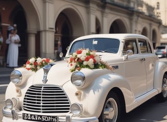 A green and white taxi drives down a rustic street with buildings and palm trees lining the sides. The image is viewed through a car windshield with a blurred dashboard in the foreground. It appears to be a bright day with a clear sky.
