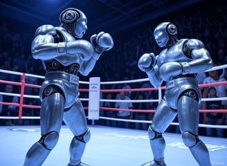 two robots are fighting in a boxing ring