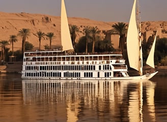 a boat on the water with sailboats in the background