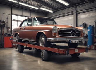 A garage with signage displaying the words 'CARÈS Car Storage & Services' on a glass door. Part of a sports car with a large rear spoiler, visible from the back, occupies the right side of the image, with 'LUCID Detailing' on its license plate.