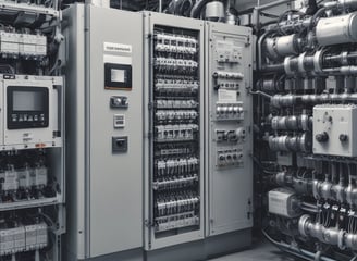 The image features a piece of industrial equipment, specifically a conveyor belt system with an angled section for transporting items. It includes a motorized control unit and support structure with metal components.