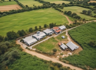 Aerial view of an expansive agricultural area divided into large rectangular plots of farmland. These plots are various shades of green, indicating different types of crops or stages of growth. Adjacent to the farmland is a small residential area with houses and trees, and there are some buildings and structures near the fields. In the background, a small body of water is visible as well as a distant mountain range. The layout of the farmland is organized and there are several dirt roads and paths intersecting the fields.