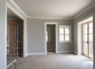 A room under renovation with construction materials scattered on the floor. There's a large window letting in sunlight and providing a view of a lush garden outside. Various tools and boxes are on a workbench, and insulation material is piled on the left.