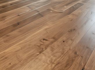 A detailed view of a wooden floor structure with overlapping planks and visible beams. The boards and beams appear weathered and aged, possibly part of a construction or renovation project. The surface shows signs of wear and some dust accumulation.