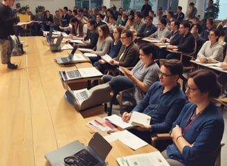 A group of people are attending a workshop focused on capacity building for instructors. The event is held in Padang and organized by various organizations, as indicated by the logos on the banner. A speaker in a red shirt is addressing the audience from a podium, while participants sit at round tables with water bottles and notes in front of them.