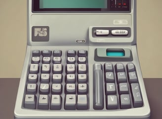 An old-fashioned cash register or adding machine is situated on a counter surrounded by shelves filled with books. The background is slightly blurred, suggesting a cozy, retro environment that might be a bookstore or library.